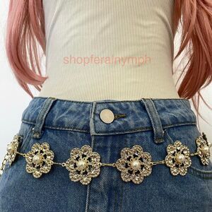 Gold Y2K Glam Pearl Rhinestone Flower Chain Belt, Fits 25-42 Inches, X7GA1497